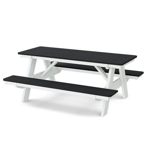 Wildridge Heritage 72 in. Picnic Table with Attached Benches, Black and White - Outdoor Weather Resistant HDPE Picnic Table for Patio, Porch, Deck, Lawn