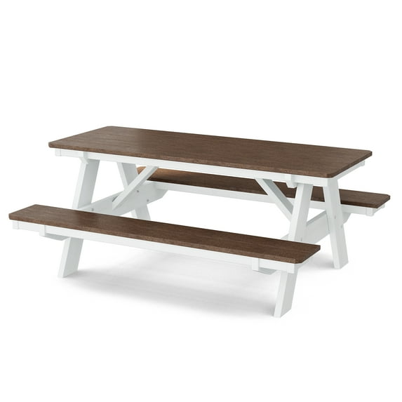 Wildridge Heritage 72 in. Picnic Table with Attached Benches, Tudor Brown and White - Outdoor Weather Resistant HDPE Picnic Table for Patio, Porch, Deck, Lawn