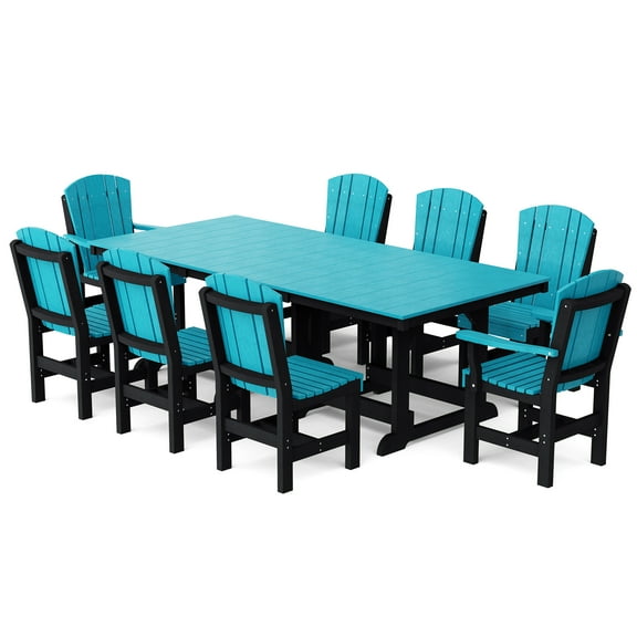 Wildridge Heritage 9-Piece 44"x94" Dining Set, Aruba Blue and Black - Outdoor Weather Resistant Recycled Plastic Furniture for Patio