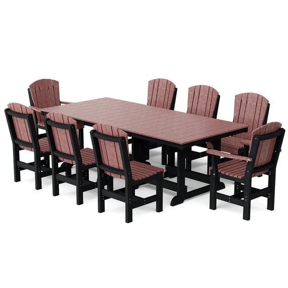 Wildridge Heritage 9-Piece 44"x94" Dining Set, Cherrywood and Black - Outdoor Weather Resistant Recycled Plastic Furniture for Patio