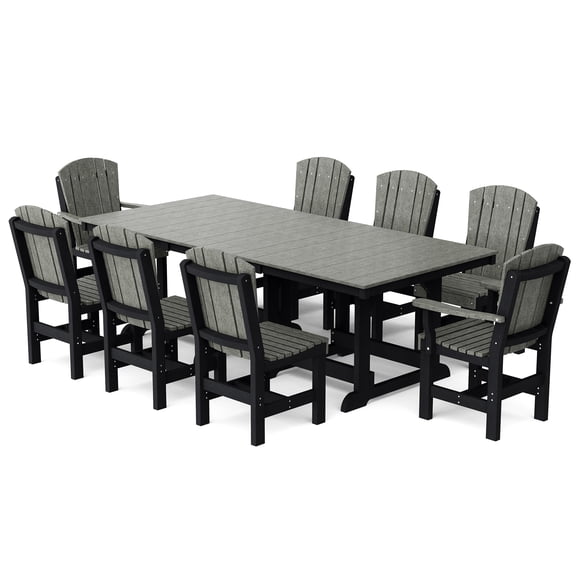 Wildridge Heritage 9-Piece 44"x94" Dining Set, Dark Gray and Black - Outdoor Weather Resistant Recycled Plastic Furniture for Patio