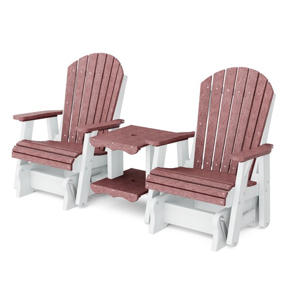 Wildridge Heritage Double Rock-A-Tee, Cherrywood and White - Outdoor Weather Resistant HDPE Double Glider Set with Table for Porch, Patio, Deck