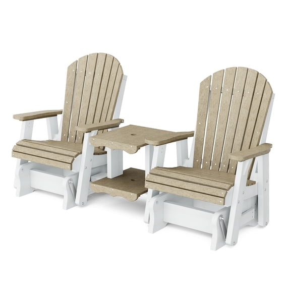Wildridge Heritage Double Rock-A-Tee, Weathered Wood and White - Outdoor Weather Resistant HDPE Double Glider Set with Table for Porch, Patio, Deck