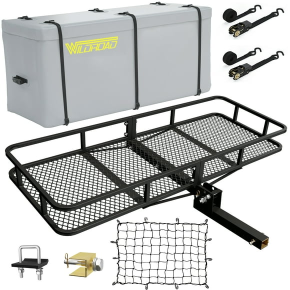 Wildroad Hitch Cargo Carrier Combo 60" x 24" x 6" 500 LBS Folding Trailer Hitch Cargo Carrier Fits 2" Receiver with 18.2 Cubic feet Cargo Bag, Hitch Stabilizer, Cargo Net and Ratchet Straps
