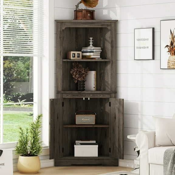 Wildskeeper Tall Corner Cabinet, Dark Walnut MDF Storage Unit for Living Room/Bathroom, 2 Open Shelves, 69" H