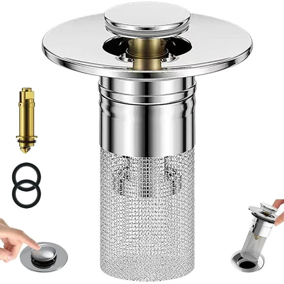 Wildspress Sink Stopper, 2-in-1 Pop Up Drain Plug with Stainless Steel Filter, Universal Bathroom Sink Drain Strainer & Hair Catcher for 1.1"-1.3" Drains