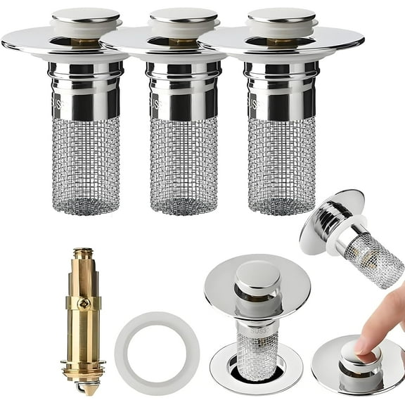 Wildspress Sink Stopper,Push Button Bathroom Sink Drain Stopper,Universal Pop Up Sink Drain Filter with Stainless Steel Filter Basket, Bathroom Strainer Hair Catcher for 1.1”-1.3”(3pcs)