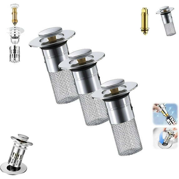 Wildspress Sink Stopper,Sink Stopper Hair Catcher,Pop Up Sink Drain Filter with Removable Stainless Steel Hair Catcher Basket,for Bathroom Sinks, Bathtubs, Showers & Floor Drains