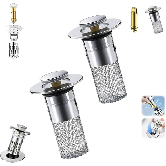 Wildspress Sink Stopper,Sink Stopper Hair Catcher,Pop Up Sink Drain Filter with Removable Stainless Steel Hair Catcher Basket,for Bathroom Sinks, Bathtubs, Showers & Floor Drains