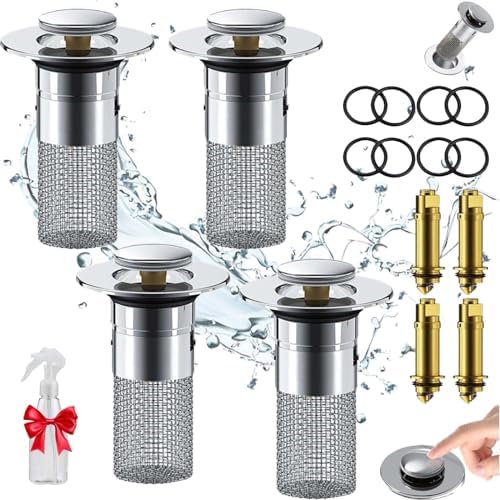 Wildspress Sink Stopper, Universal Bathroom Sink Drain Stopper with Removable Hair Catcher & Filter Basket, 2-in-1 Push Button Pop-Up Drain Plug, Tool-Free Installation & Leakproof Seal(4PCS)