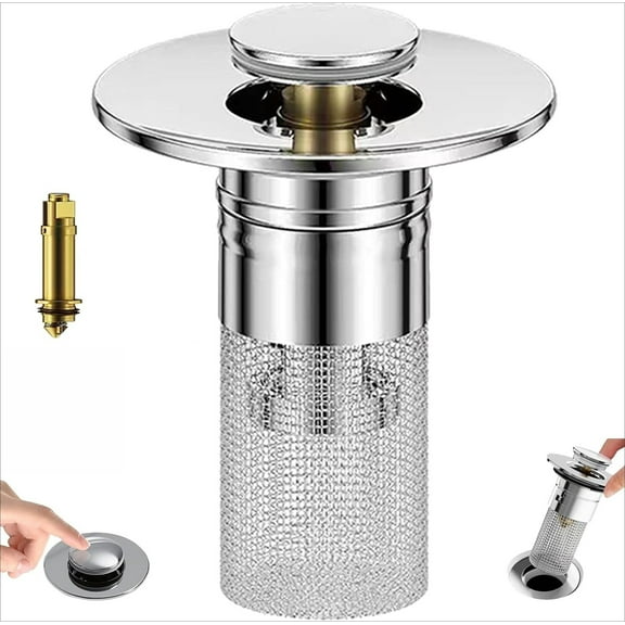 Wildspress Sink Stopper, Universal Pop Up Drain Plug with Stainless Steel Filter, 2-in-1 Bathroom Sink Drain Hair Catcher for 1.1"-1.3" Drains