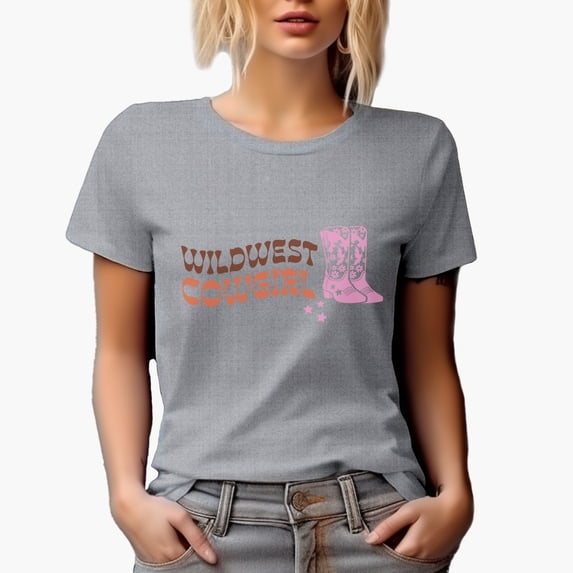 Wildwest Cowgirl with Cowboy Boots Art Merch Gift, Heather Grey T-Shirt, Small