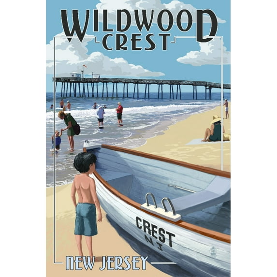 Wildwood Crest, New Jersey, Lifeboat and Pier (12x18 Wall Art Poster, Room Decor)