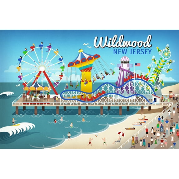 Wildwood, New Jersey, Retro Beach Boardwalk (12x18 Wall Art Poster, Room Decor)