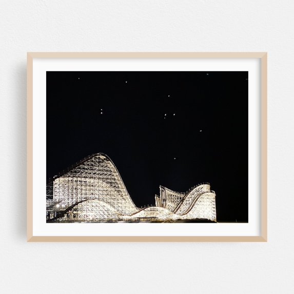 Wildwood Night Coaster - Wildwood New Jersey Photography Night Sky Stars Architecture Carnival Silhouette Oak Framed Wall Art Print 5 x 7 inches