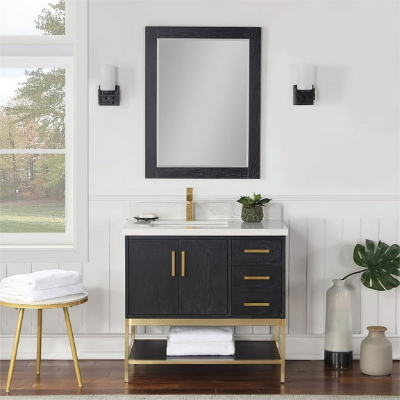 Wildy 36" Single Bathroom Vanity Set in Black Oak with Grain White Composite Stone Countertop with Mirror