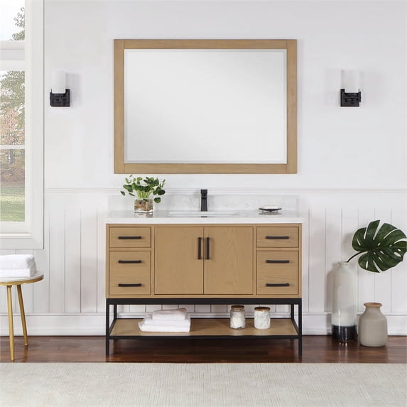 Wildy 48" Single Bathroom Vanity Set in Washed Oak with Grain White Composite Stone Countertop with Mirror
