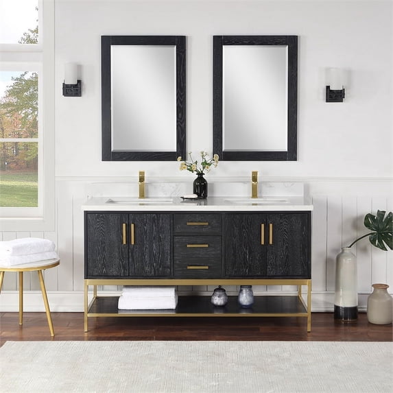 Wildy 60" Double Bathroom Vanity Set in Black Oak with Grain White Composite Stone Countertop with Mirror