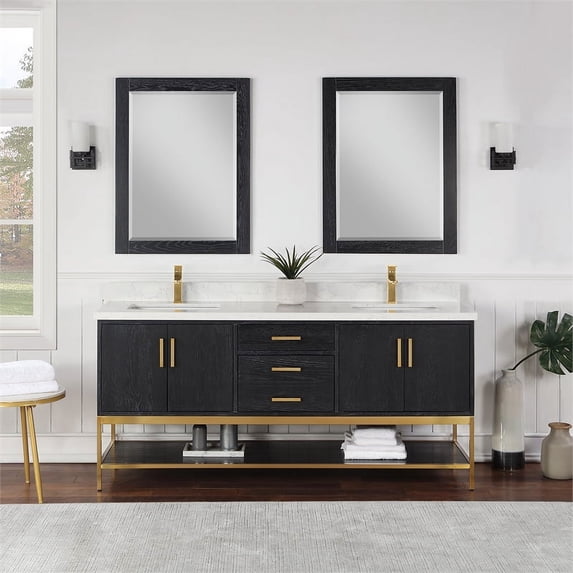 Wildy 72" Double Bathroom Vanity Set in Black Oak with Grain White Composite Stone Countertop with Mirror