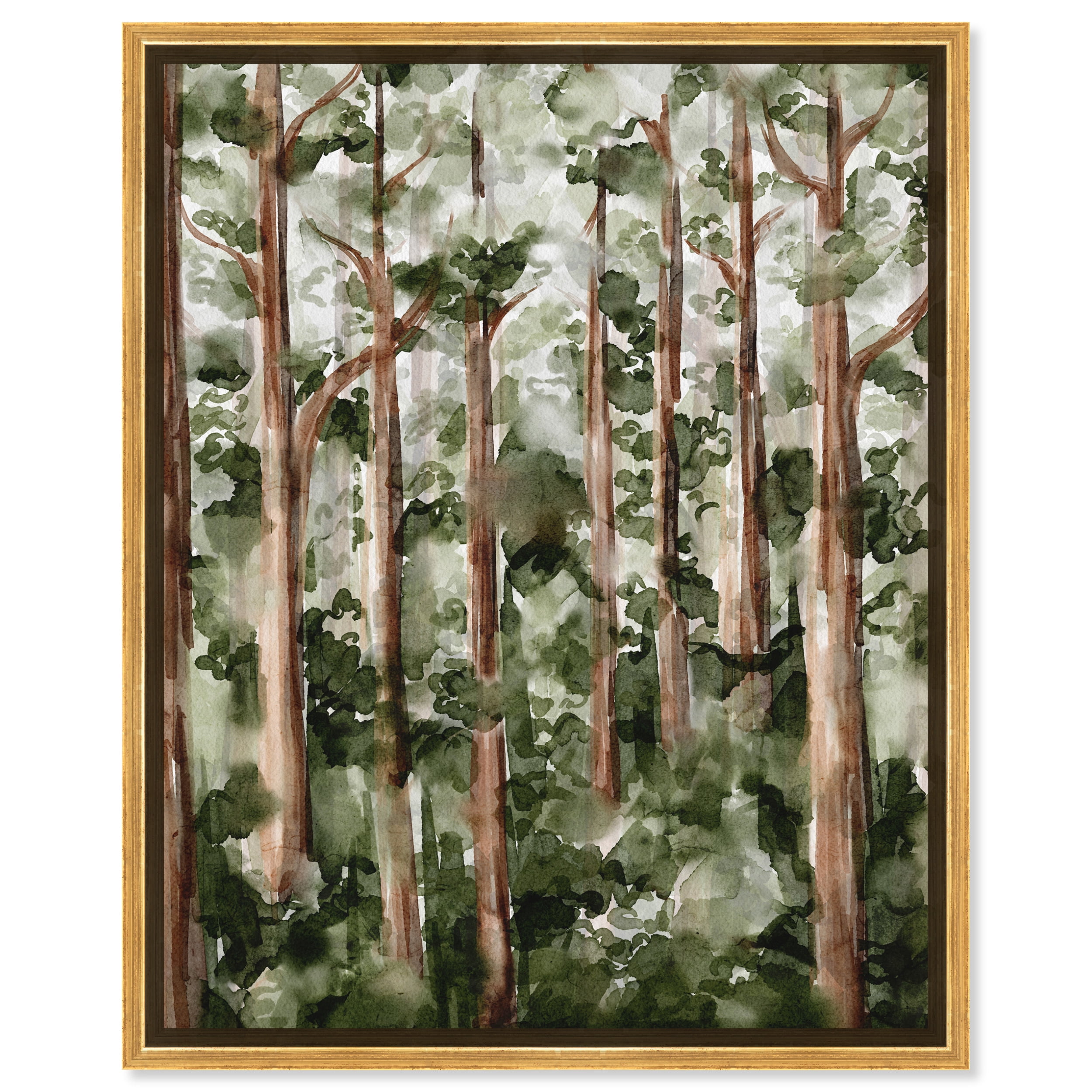 Wild Forest Green and Brown Canvas Landscape Art with Gold Frame
