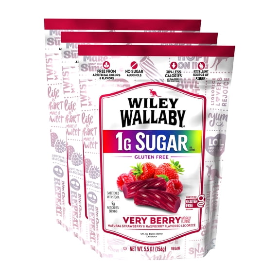 Wiley Wallaby 5.5 Ounce Very Berry Low Sugar Gluten Free Gourmet Australian Style Soft & Chewy Licorice Candy Twists 5.5 Ounce, Pack of 3
