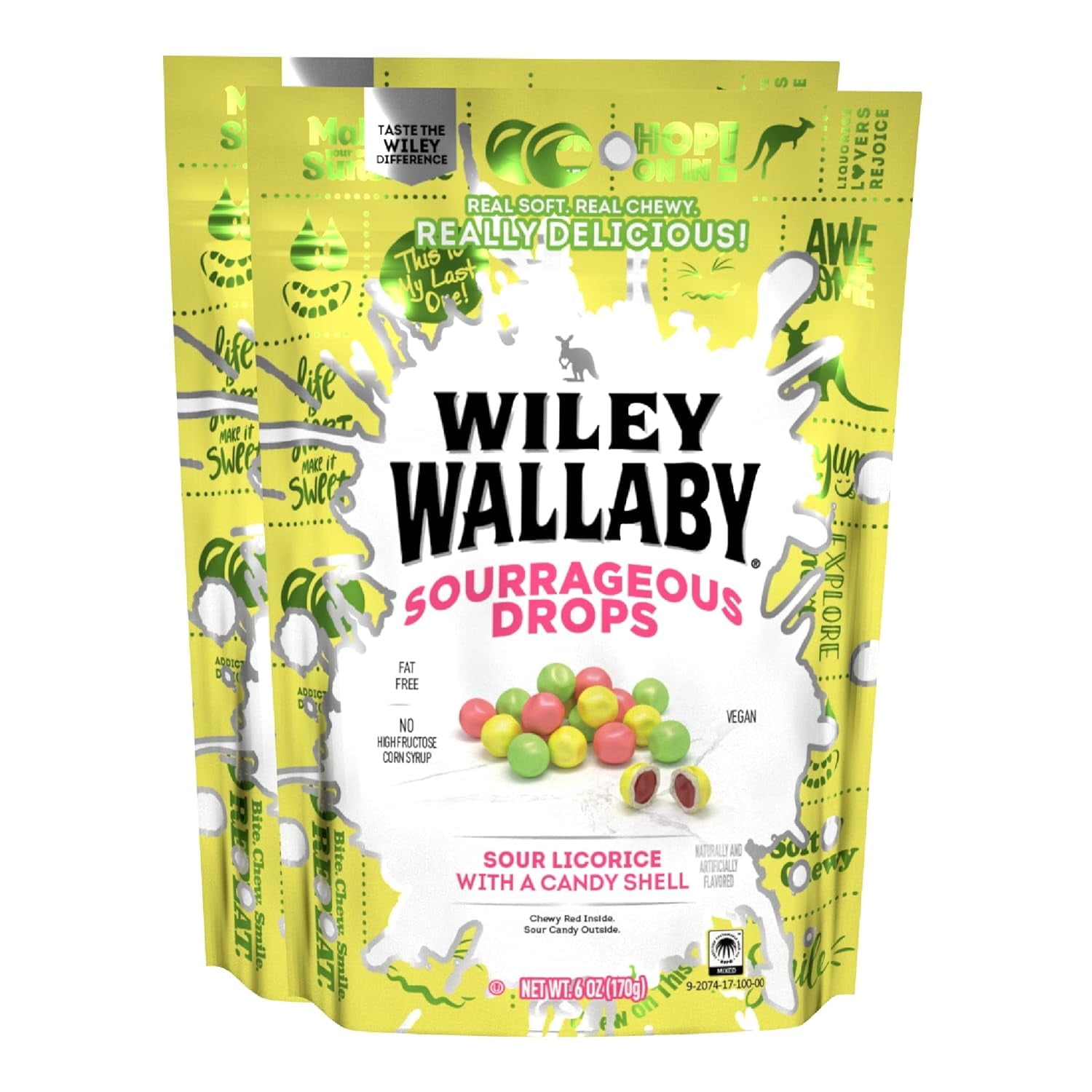 Wiley Wallaby 6 Ounce Sourrageous Drops Mix of Watermelon, Green Apple and Lemon Soft & Chewy Licorice with a Candy Shell, 2 Pack