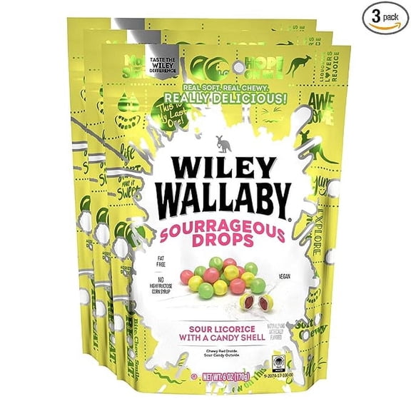 Wiley Wallaby 6 Ounce Sourrageous Drops Mix of Watermelon, Green Apple and Lemon Soft & Chewy Licorice with a Candy Shell, 3 Pack