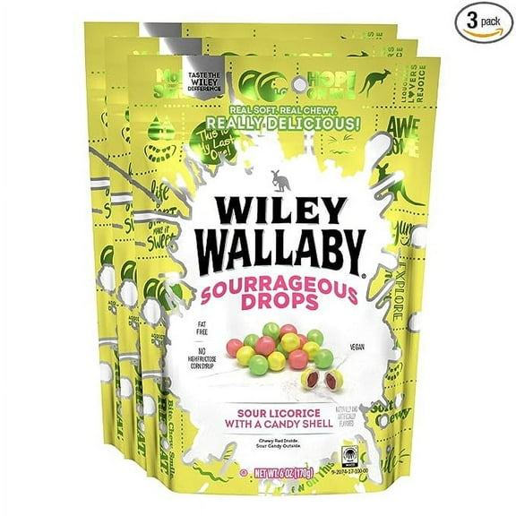 Wiley Wallaby 6 Ounce Sourrageous Drops Mix of Watermelon, Green Apple and Lemon Soft & Chewy Licorice with a Candy Shell, 3 Pack