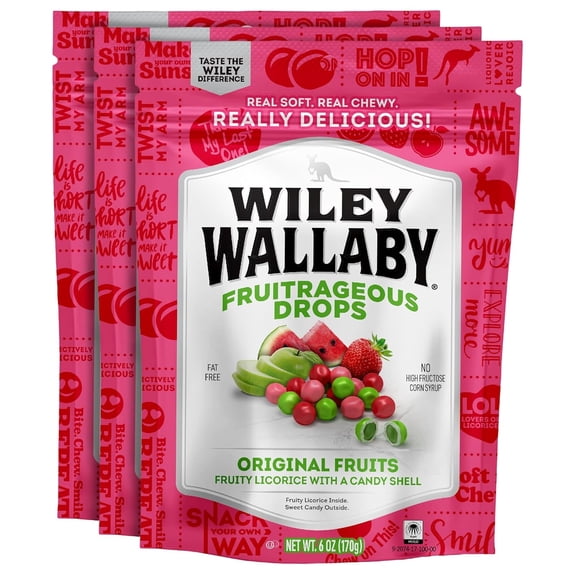 Wiley Wallaby 6 oz. Fruitrageous Drops Original Fruits Gourmet Australian Style Soft & Chewy Licorice Candy Drops, 3 Pack