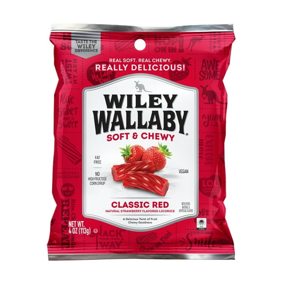 Wiley Wallaby Classic Red Licorice Candy, 4 oz. Bag, Contains Wheat & Soy