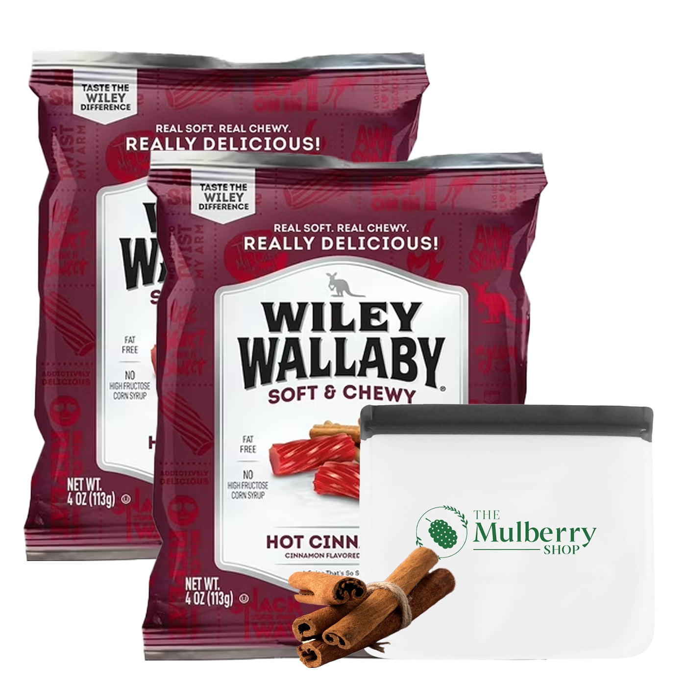 Wiley Wallaby Hot Cinnamon Licorice Bundle Includes Classic Gourmet Australian Liquorice Soft & Chewy Candy Twists (Pack of 2) & Reusable Snack Bag by The Mulberry Shop