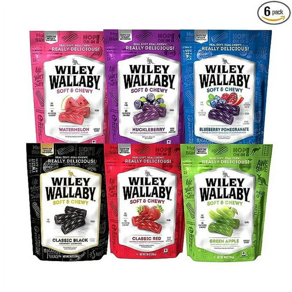 Wiley Wallaby Licorice 10 Ounce Classic Gourmet Australian Style Soft & Chewy Licorice Candy Variety Pack Twists, 6 Pack
