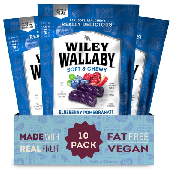 Wiley Wallaby Licorice 10 Ounce Classic Gourmet Soft & Chewy Australian Blueberry Pomegranate Candy Twists, 10 Pack