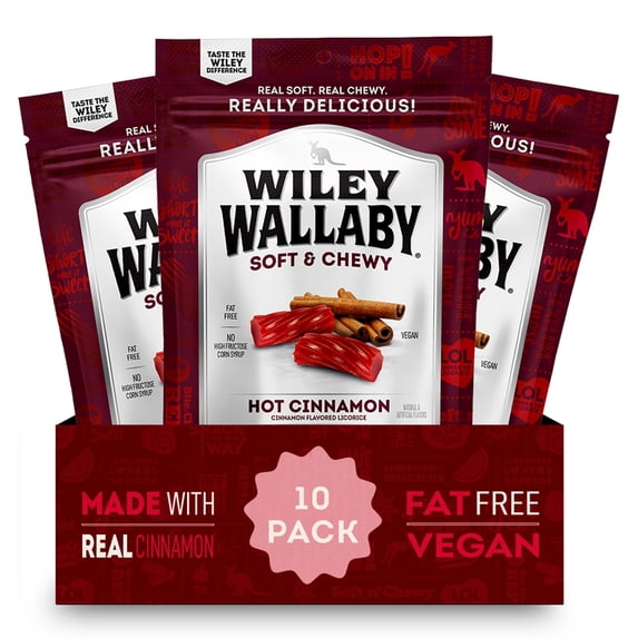 Wiley Wallaby Licorice 10 Ounce Classic Gourmet Soft & Chewy Australian Hot Cinnamon Licorice Candy Twists, 10 Pack