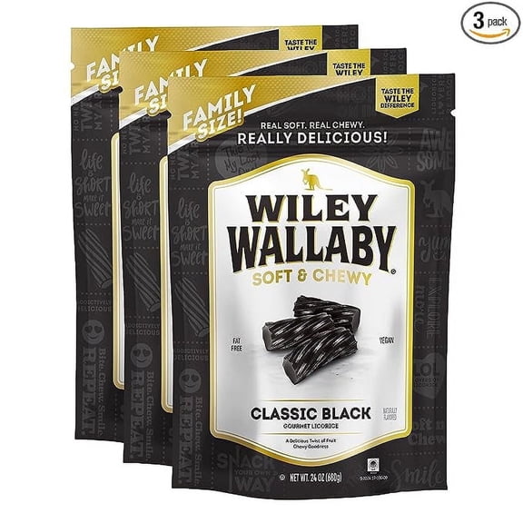 Wiley Wallaby Licorice 24 Ounce Classic Gourmet Soft & Chewy Australian Black Licorice Candy Twists, 3 Pack