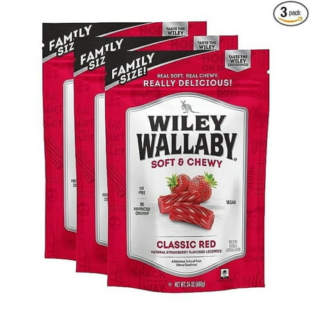 Wiley Wallaby Licorice 24 Ounce Classic Gourmet Soft & Chewy Australian Red Licorice Candy Twists, 3 Pack