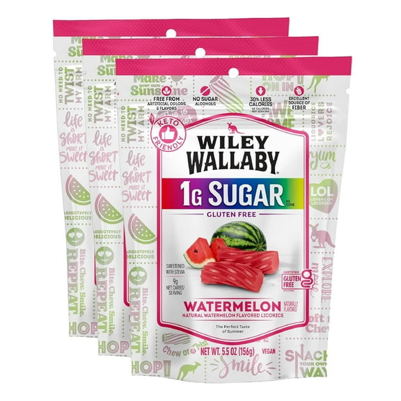 Wiley Wallaby Licorice 5.5 Ounce Watermelon Low Sugar Gluten Free Gourmet Soft & Chewy Australian Licorice Candy Twists, 3 Pack