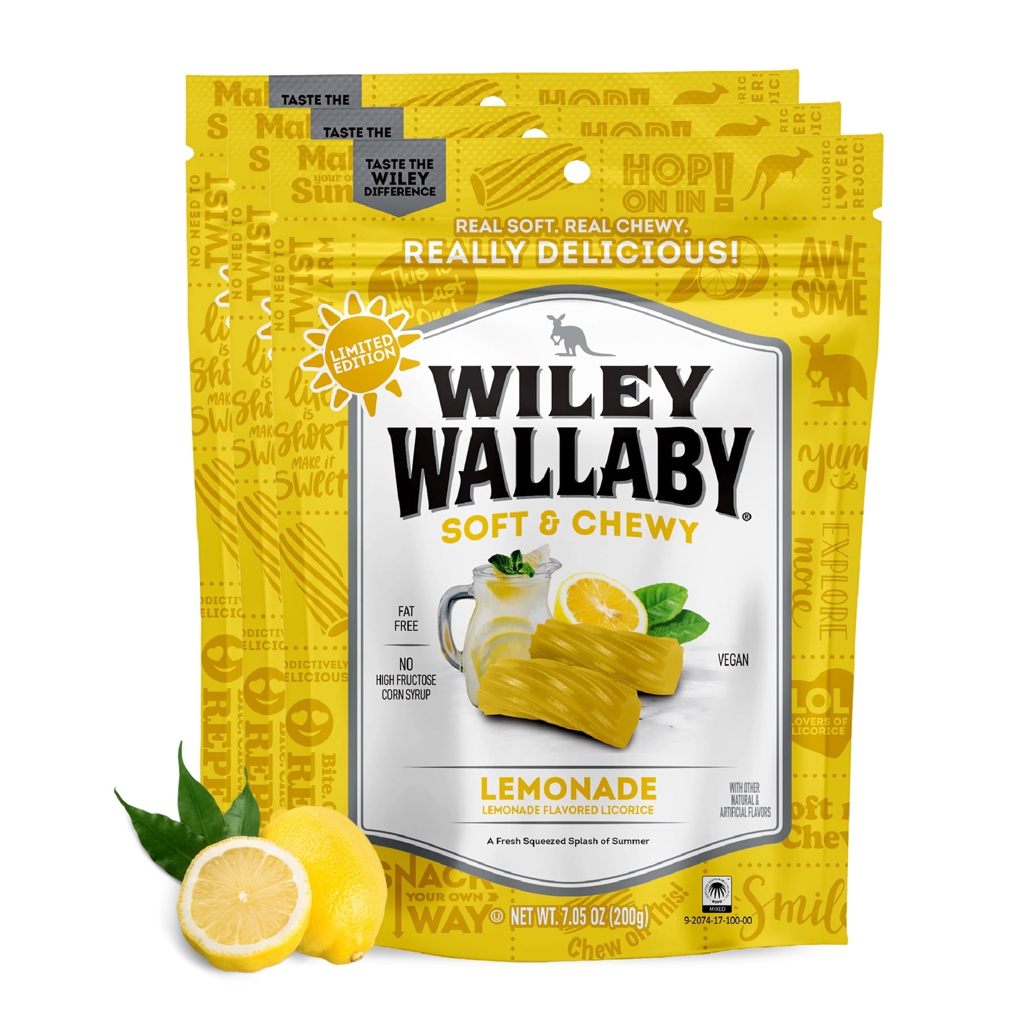 Wiley Wallaby Licorice 7.05 Ounce Classic Gourmet Soft & Chewy Australian Lemonade Licorice Candy Twists, 3 Pack