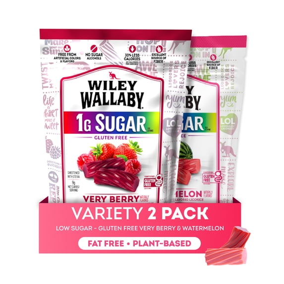 Wiley Wallaby Low Sugar Gluten Free Licorice | Soft Chewy Licorice | Watermelon and Very Berry Flavors | 5.5 Ounce | 2 Pack