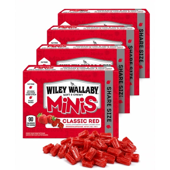 Wiley Wallaby Minis Classic Red Soft and Chewy Licorice Bites, 4 Pack, Share Size Theater Boxes.