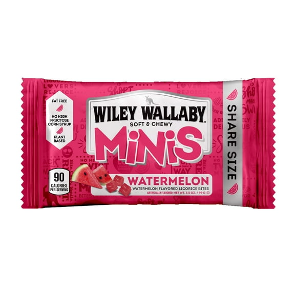 Wiley Wallaby Minis, Watermelon Flavored Licorice Candy, 3.5 oz. Bag, Contains Wheat & Soy (Pack of 4)