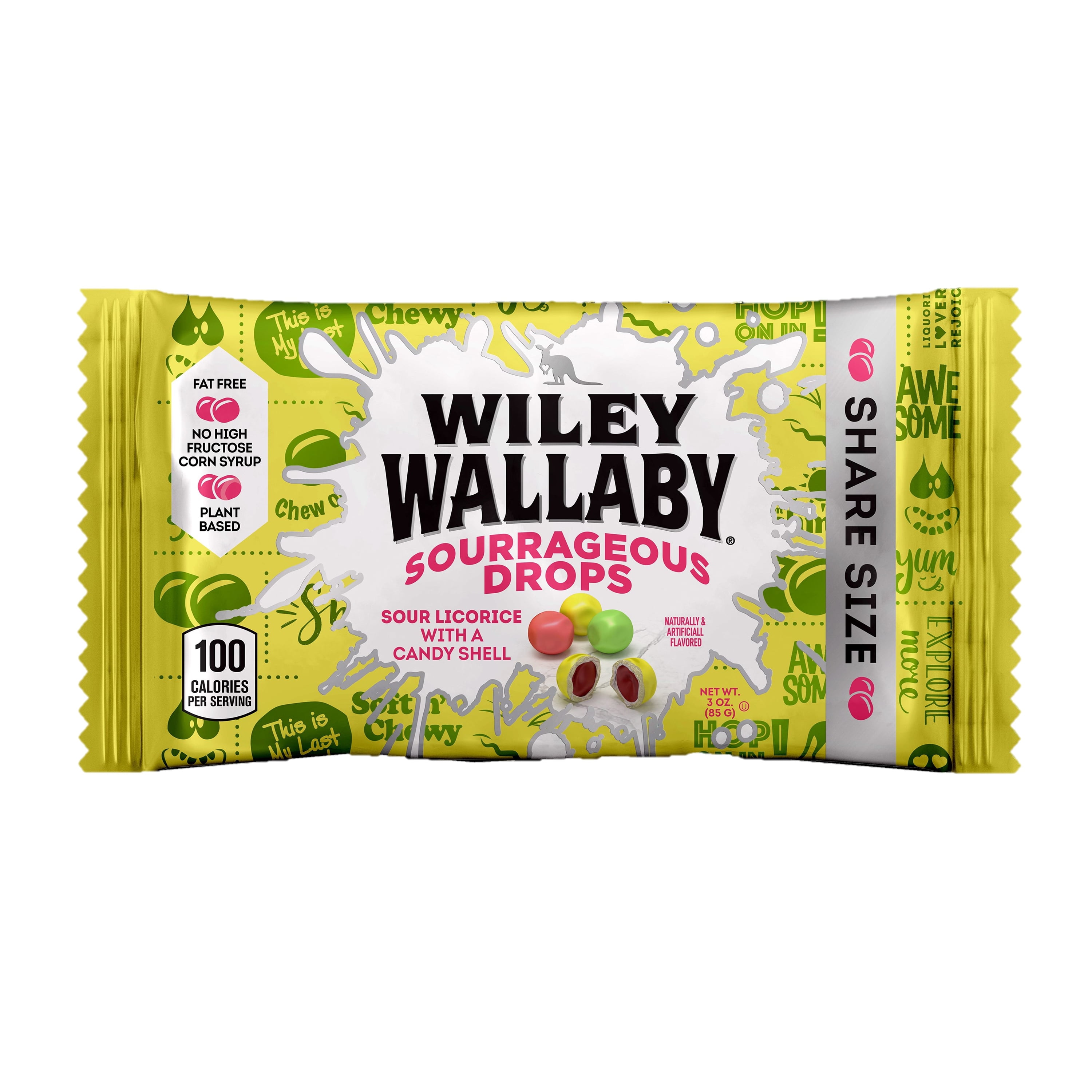 Wiley Wallaby Sourrageous Drops, Fat Free, Sour Candy, 3 oz. Bag, Contains Wheat & Soy