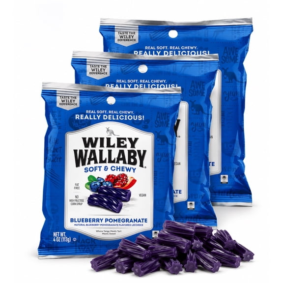 Wiley Wallaby Blueberry Pomegranate Licorice, Soft & Chewy, 3 Bags, 4 oz