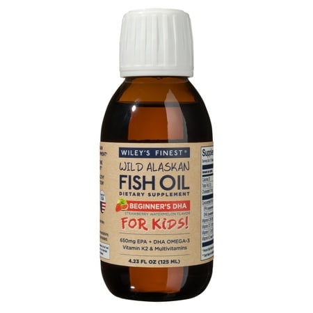 Wileys Finest Wild Alaskan Beginners DHA - Liquid Fish Oil Supplement for Kids Ages 1 and Up - 650mg of EPA and DHA Omega-3s - Strawberry Watermelon Flavor - 4.23 Oz (50 Servings)