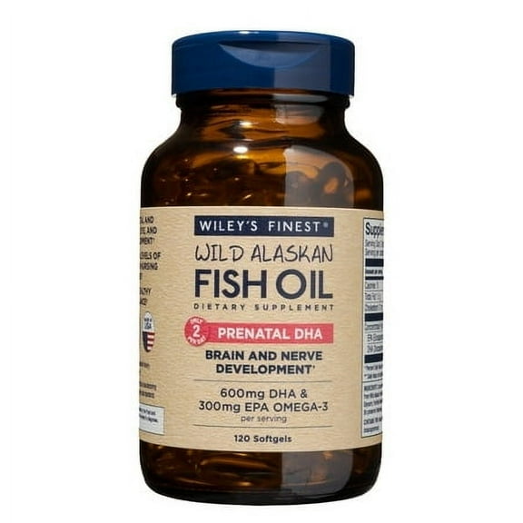 Wiley's Finest Wild Alaskan Fish Oil Prenatal DHA - 720mg EPA and DHA Omega-3s for Pregnant Women and Nursing Mothers - 120 Softgels (60 Prenatal Vitamin Servings)