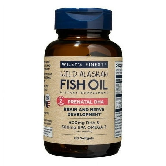 Wiley's Finest Wild Alaskan Fish Oil Prenatal DHA - 720mg EPA and DHA Omega-3s for Pregnant Women and Nursing Mothers - 60 Softgels (30 Prenatal Vitamin Servings)