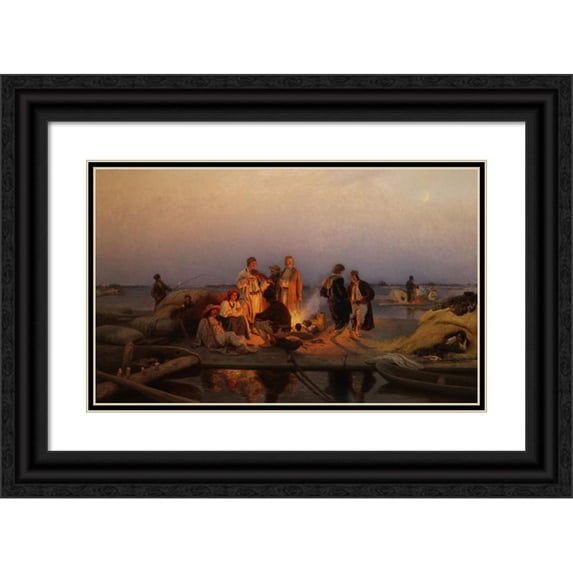 Wilhelm August Stryowski 18x13 Black Ornate Wood Framed Double Matted Museum Art Print Titled - Rafters Camp by the Vistula River (circa 1881)