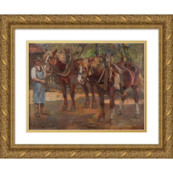 Wilhelm Höhnel 24x19 Gold Ornate Framed and Double Matted Museum Art Print Titled - Horse Team (1919)