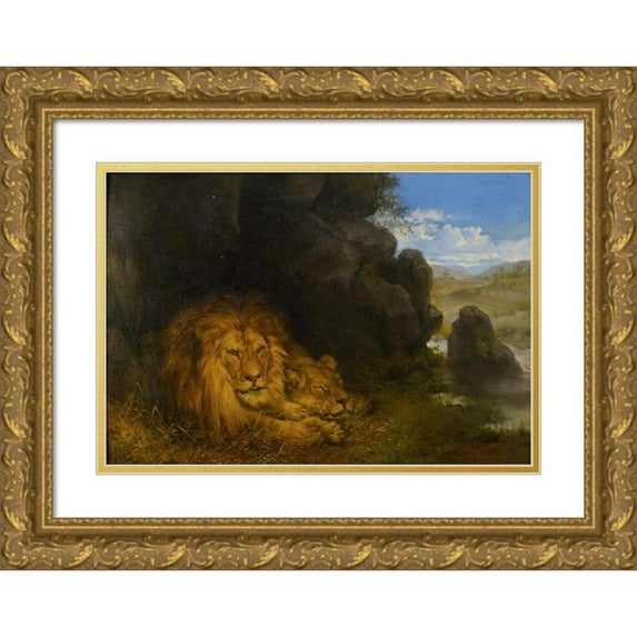Wilhelm Kuhnert 18x14 Gold Ornate Wood Frame and Double Matted Museum Art Print Titled - Two Lions in a Cave