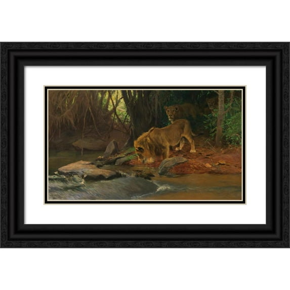 Wilhelm Kuhnert 24x15 Black Ornate Framed Double Matted Museum Art Print Titled: Lowen Am Urwaldbach (1911)
